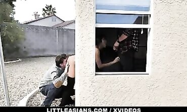 Petite Asian Ember Snow Stuck in Window During Threesome