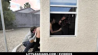 Petite Asian Ember Snow Stuck in Window During Threesome
