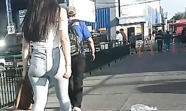 Candid Brunette With Huge Elastic Ass In Tight Jeans