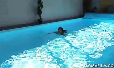Tattooed Dark-Haired MILF Gets Throat-Filled in Pool Threesome