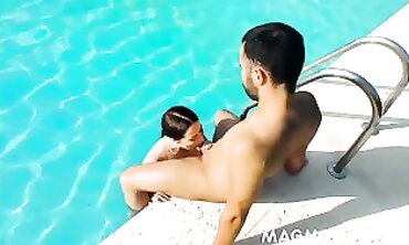 Shy Brunette Enjoys Outdoor Pool Sex with a Stranger