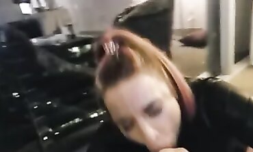 Brunette MILF Wife Gives Blowjob to Stranger at Party Window