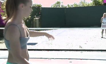 Busty Lesbians Sarah Vandella and April Brookes Suck and Eat Each Other Out in the Pool