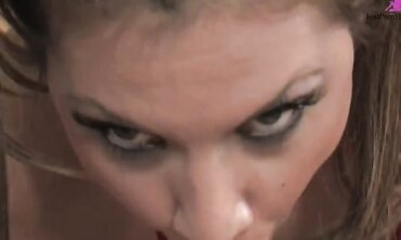 Dirty blond in red lingerie and naughty nurse outfit blows patient on bed.  Cumshot on tits.