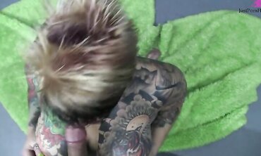 Heavily Tattooed And Pierced Biker Chick Black Widow Sucks And Fucks