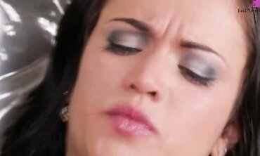Raven haired vixen climbs onto kitchen counter and makes herself cum hard with her fingers and a large wooden salt shaker.