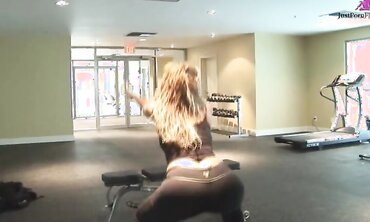 Girl with big tits goes to gym and gets helped with workout.  Repays the trainer with a blowjob by the weights and takes cum shot on her tits.