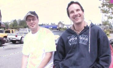 Dudes cruise the mall parking lot and convince naughty little slut into threesome for money.  Massive facial and tit shot...but no cash.