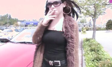 Dudes cruise the mall parking lot and convince naughty little slut into threesome for money.  Massive facial and tit shot...but no cash.