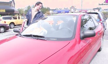 Dudes cruise the mall parking lot and convince naughty little slut into threesome for money.  Massive facial and tit shot...but no cash.