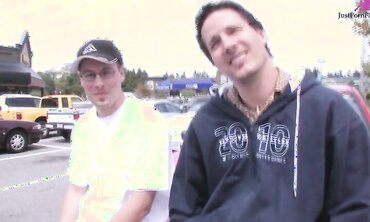 Dudes cruise the mall parking lot and convince naughty little slut into threesome for money.  Massive facial and tit shot...but no cash.