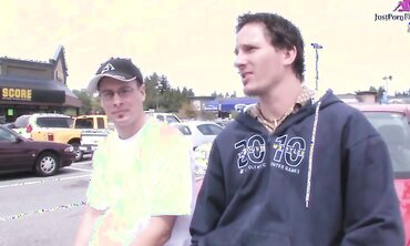 Dudes cruise the mall parking lot and convince naughty little slut into threesome for money.  Massive facial and tit shot...but no cash.