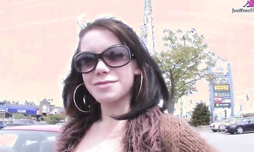 Dudes cruise the mall parking lot and convince naughty little slut into threesome for money.  Massive facial and tit shot...but no cash.