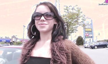 Dudes cruise the mall parking lot and convince naughty little slut into threesome for money.  Massive facial and tit shot...but no cash.