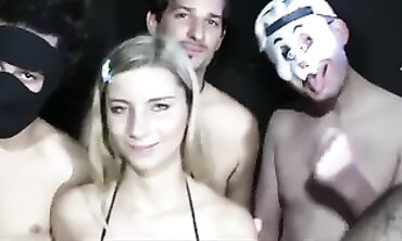 Supah Sexy Blonde Babe Gets Mass Bukkake Creampie