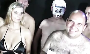 Supah Sexy Blonde Babe Gets Mass Bukkake Creampie