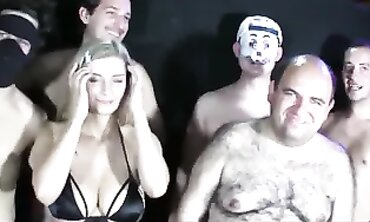 Supah Sexy Blonde Babe Gets Mass Bukkake Creampie