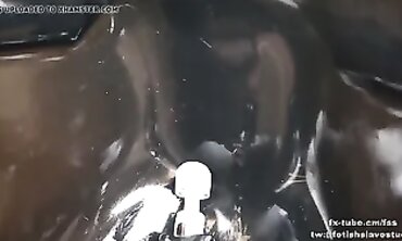Japanese Fem Dom Cage Uses Vinyl Vacuum on Submissive