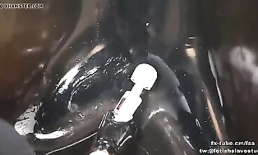 Japanese Fem Dom Cage Uses Vinyl Vacuum on Submissive
