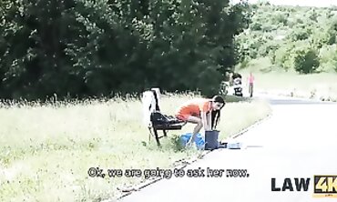 Rough Brunette Cop Gives Skinny Outlaw a Filthy Blowjob
