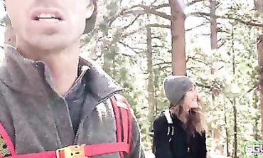 Lesbian Outdoor Threesome POV: Drilling in Public