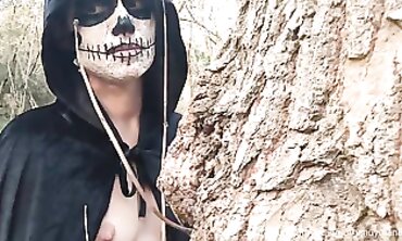 Halloween MILF in the Woods Gives a Blowjob for Cum