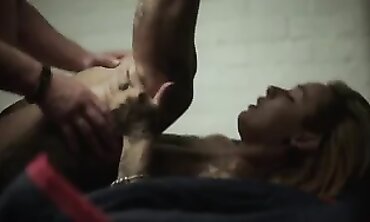 Slender Tattooed Blonde Slave in Rough Hardcore Trio Creampie
