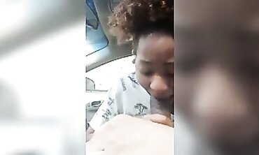 Ebony MILF Takes Amateur Blowjob in Dark Car Outdoors