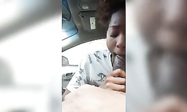 Ebony MILF Takes Amateur Blowjob in Dark Car Outdoors