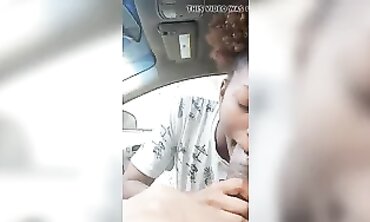 Ebony MILF Takes Amateur Blowjob in Dark Car Outdoors
