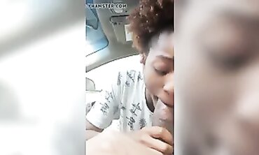 Ebony MILF Takes Amateur Blowjob in Dark Car Outdoors