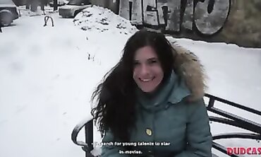 Shy Russian Brunette Casting Audition on the Bench