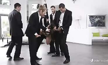 Asian Secretary Rocky Handi's Rough Gangbang Debut