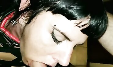 Strapped Brunette MILF Takes a Rough Blowjob and Facial