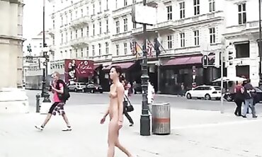 Bare Brunette Striptease on the Streets of Vienna