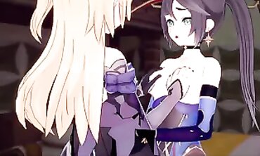 Fischl and Mona Cosplay Lesbian Hentai Fingering and Cunnilingus