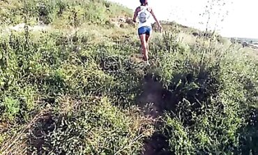 Czech Milf in White Tee and Denim Cut-offs Walking by the Sea