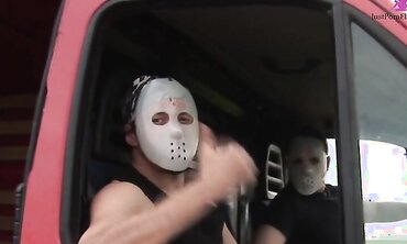 Euro Teen Sarah Rose Gets Anally Abused By Two Masked Men Outside
