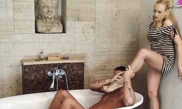 Footjob Leads To A Deep Fuck Against The Sink For This Cute Blonde