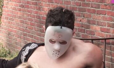 Deniska Plays Perverted Games With Masked Men Outside