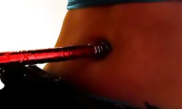 Paula Torments herself by Piercing her Belly button with a Meaty Pencil that Pierces her Whole