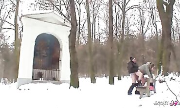 Curvy Blonde Teen in Nylon Seduced by Mature Man for Outdoor Snow Sex