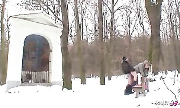 Curvy Blonde Teen in Nylon Seduced by Mature Man for Outdoor Snow Sex