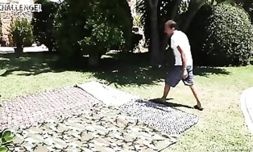 Outdoor Creampie Challenge: Brunette Takes Two Guys
