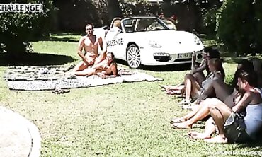 Outdoor Creampie Challenge: Brunette Takes Two Guys