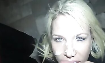 Blonde MILF Ex-Wife Shares Three-Way Blowjob with a Stranger