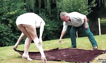 Bombshell Rides Grandpa's Beefstick Outdoors