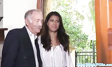 Grandpa's Birthday Surprise - Granddaughter Rides Old Man Doggy Style