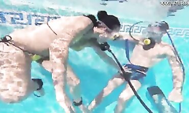 Candy and Lizzy Pounding Mike Underwater