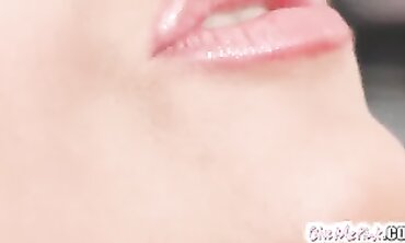 Pink's Cute Brunette Solo Masturbation with a Large Dildo